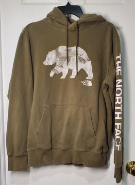 The North Face Hoodie Mens Medium Green Bear Graphic Pullover Fleece Sweatshirt